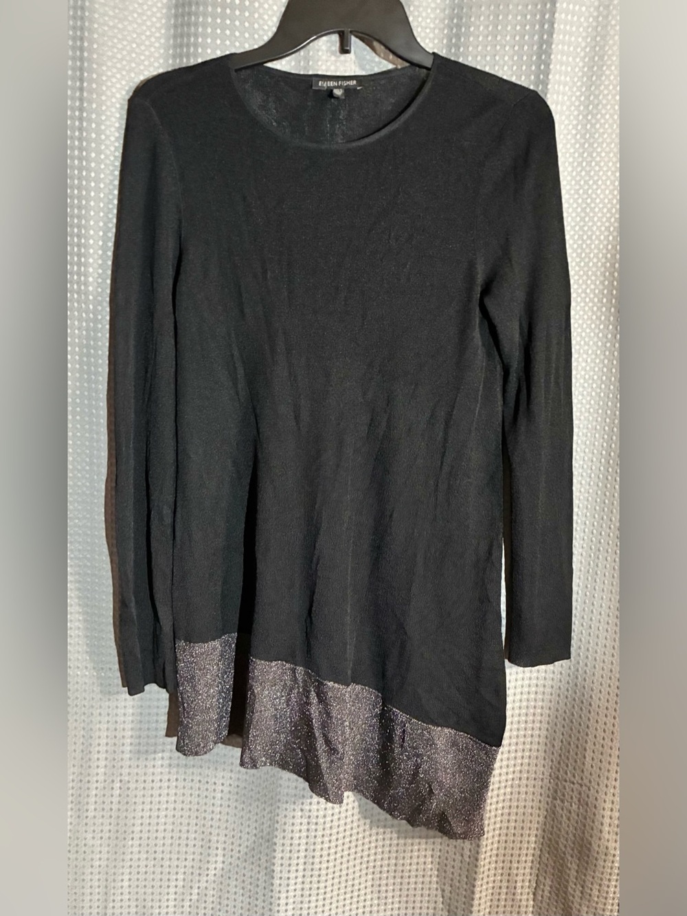 Eileen Fisher XS Black Long-Sleeve Knit Top Sweater Shimmer Hem Asymmetric